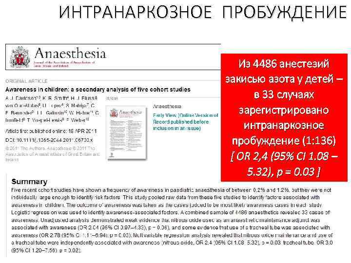 ИНТРАНАРКОЗНОЕ ПРОБУЖДЕНИЕ Из 4486 анестезий закисью азота у детей – в 33 случаях зарегистрировано