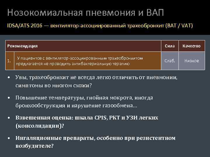 Нозокомиальная пневмония и ВАП IDSA/ATS 2016 — вентилятор-ассоциированный трахеобронхит (ВАТ / VAT) Рекомендация 1.