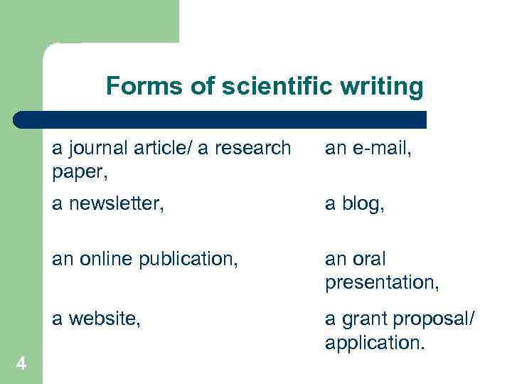 Forms of scientific writing a journal article/ a research paper, a newsletter, a blog,