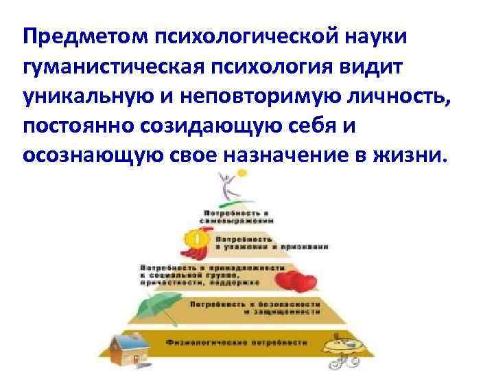 Предметом психологической науки гуманистическая психология видит уникальную и неповторимую личность, постоянно созидающую себя и