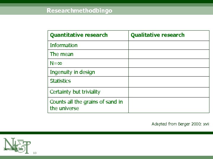 Researchmethodbingo Quantitative research Qualitative research Information The mean N=∞ Ingenuity in design Statistics Certainty