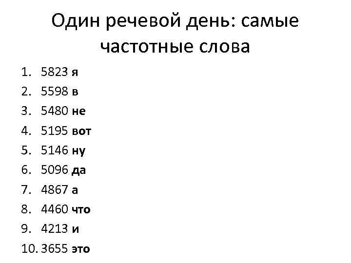 Один речевой день: самые частотные слова 1. 5823 я 2. 5598 в 3. 5480