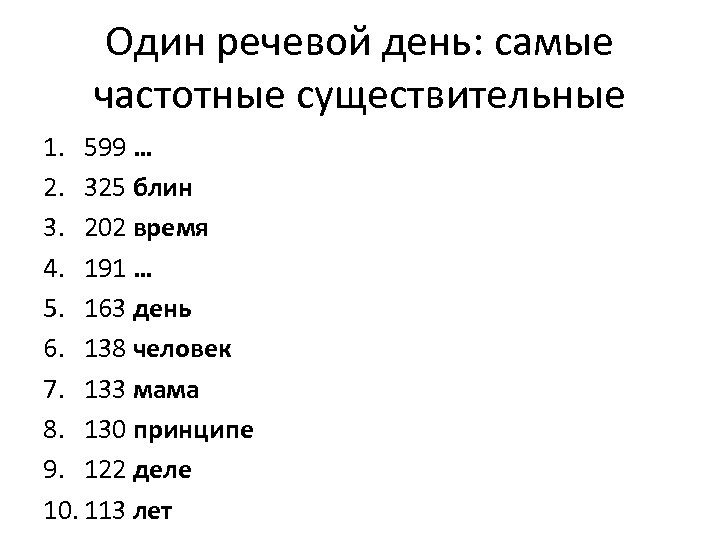 Один речевой день: самые частотные существительные 1. 599 … 2. 325 блин 3. 202