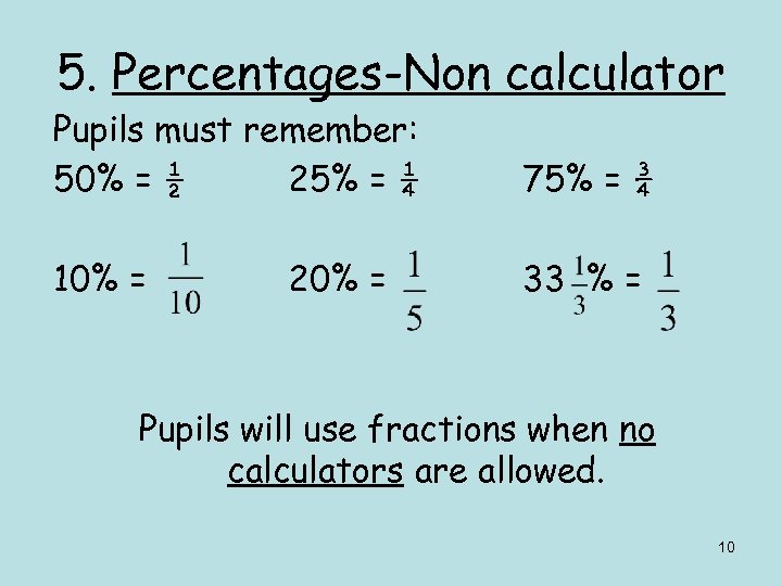 5. Percentages-Non calculator Pupils must remember: 50% = ½ 25% = ¼ 75% =