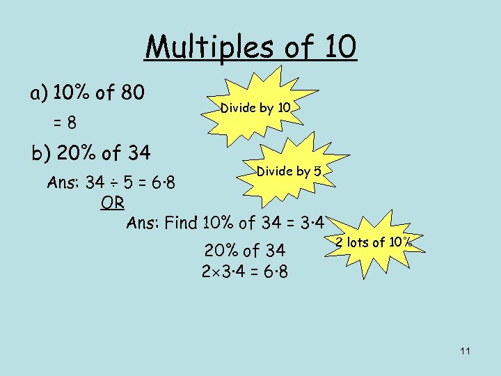 Multiples of 10 a) 10% of 80 =8 b) 20% of 34 Divide by