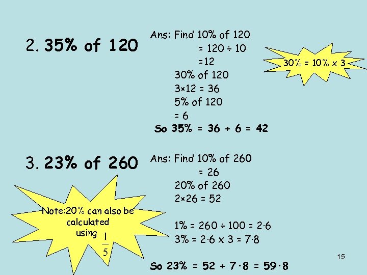 2. 35% of 120 3. 23% of 260 Note: 20% can also be calculated