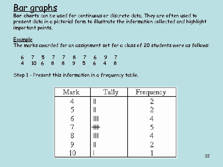 Bar graphs Bar charts can be used for continuous or discrete data. They are