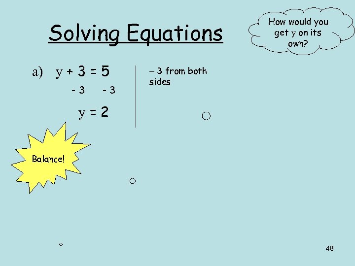 Solving Equations a) y + 3 = 5 -3 -3 How would you get