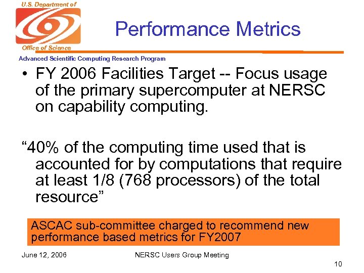 U. S. Department of Energy Performance Metrics Office of Science Advanced Scientific Computing Research