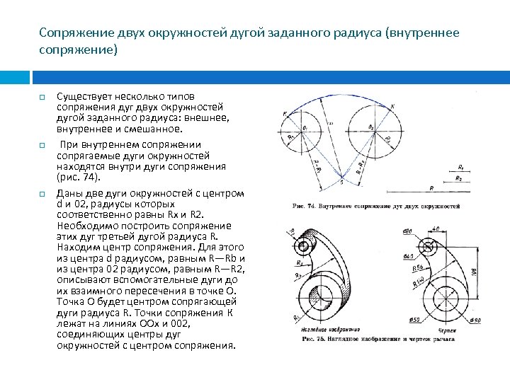 Внешнее сопряжение двух окружностей с дугой заданного радиуса изображено на рисунке