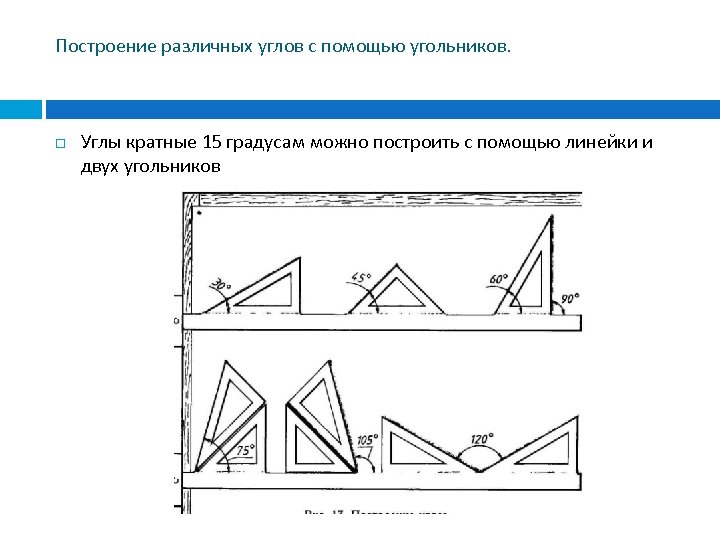 Построение различных углов с помощью угольников. Углы кратные 15 градусам можно построить с помощью