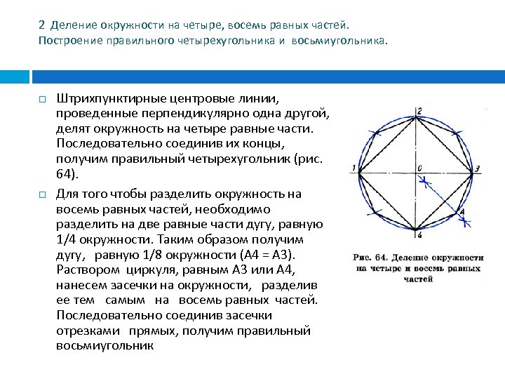 2 Деление окружности на четыре, восемь равных частей. Построение правильного четырехугольника и восьмиугольника. Штрихпунктирные