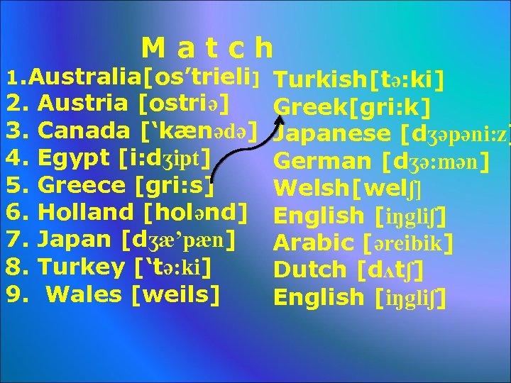 Match 1. Australia[os’trieli] Turkish[tǝ: ki] 2. 3. 4. 5. 6. 7. 8. 9. Austria
