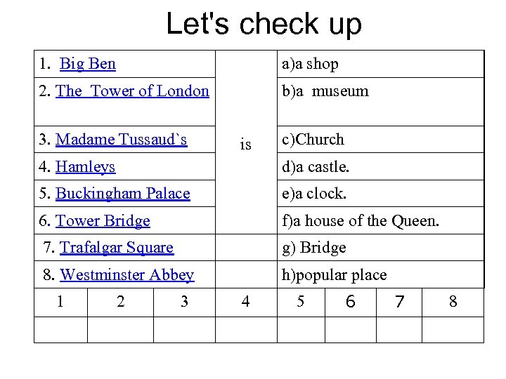 Let's check up 1. Big Ben a)a shop 2. The Tower of London b)a