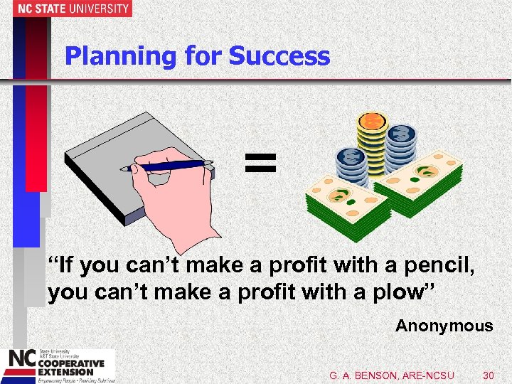 Planning for Success = “If you can’t make a profit with a pencil, you