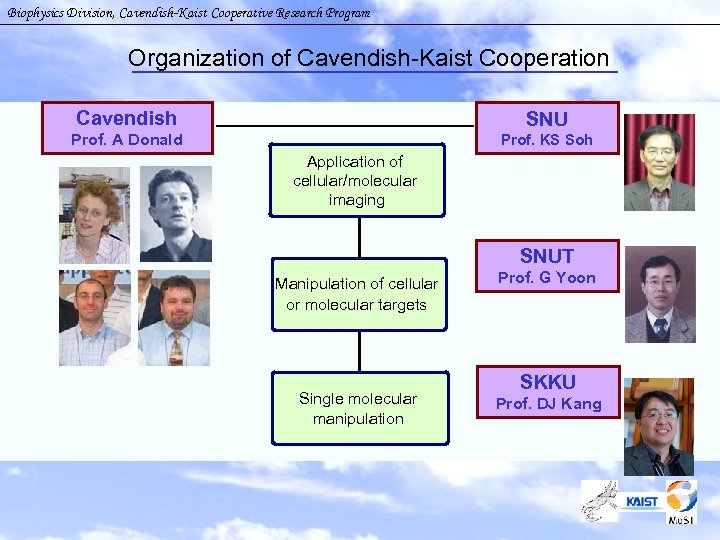 Biophysics Division, Cavendish-Kaist Cooperative Research Program Organization of Cavendish-Kaist Cooperation Cavendish SNU Prof. A