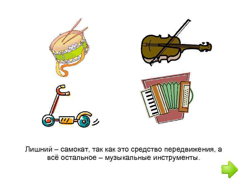 Лишний – самокат, так как это средство передвижения, а всё остальное – музыкальные инструменты.