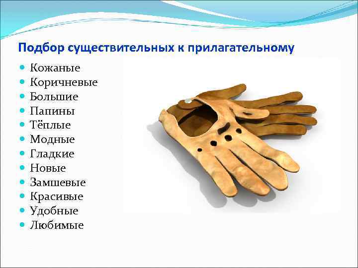 Подбор существительных к прилагательному Кожаные Коричневые Большие Папины Тёплые Модные Гладкие Новые Замшевые Красивые