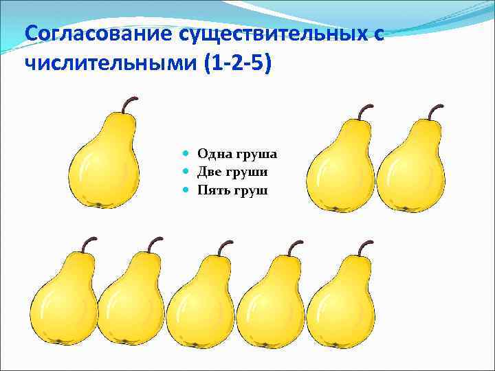 Согласование существительных с числительными (1 -2 -5) Одна груша Две груши Пять груш 