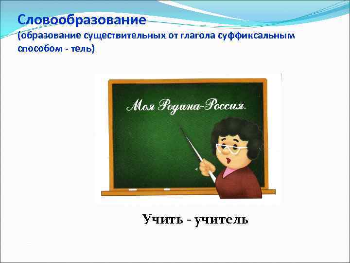 Словообразование (образование существительных от глагола суффиксальным способом - тель) Учить - учитель 