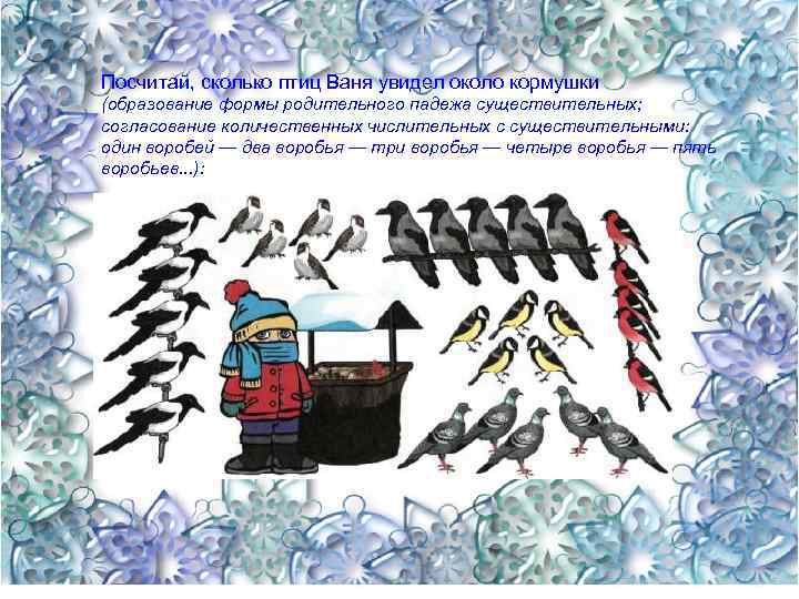 Посчитай, сколько птиц Ваня увидел около кормушки (образование формы родительного падежа существительных; согласование количественных