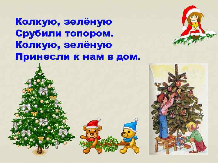 Колкую, зелёную Срубили топором. Колкую, зелёную Принесли к нам в дом. 