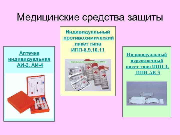 Медицинские средства защиты Аптечка индивидуальная АИ-2, АИ-4 Индивидуальный противохимический пакет типа ИПП-8, 9, 10,