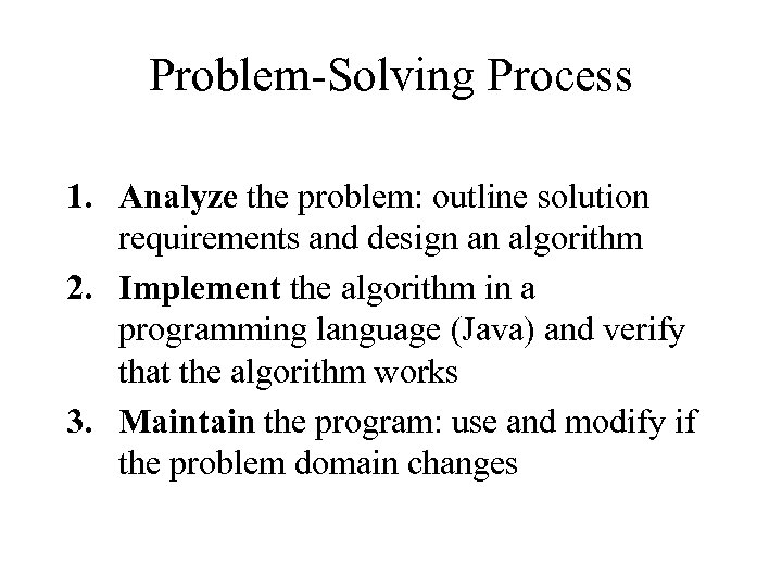Problem-Solving Process 1. Analyze the problem: outline solution requirements and design an algorithm 2.