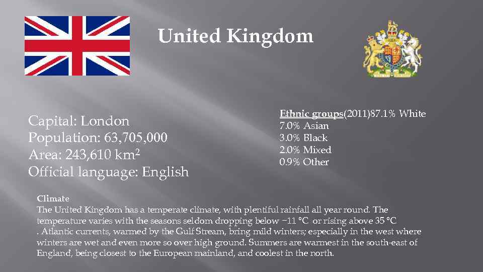 United Kingdom Capital: London Population: 63, 705, 000 Area: 243, 610 km 2 Official
