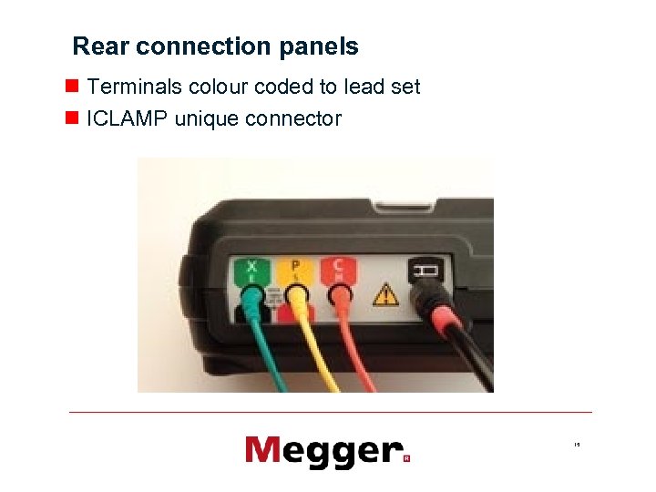 Rear connection panels n Terminals colour coded to lead set n ICLAMP unique connector