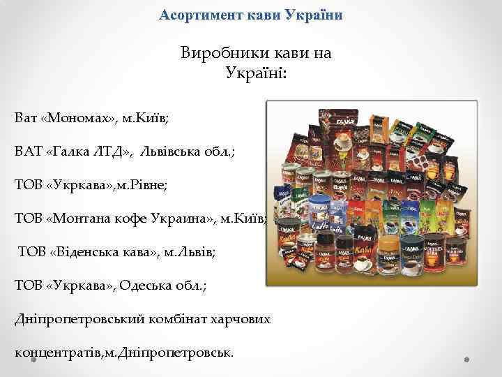 Асортимент кави України Виробники кави на Україні: Ват «Мономах» , м. Київ; ВАТ «Галка