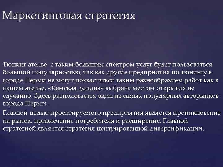 Маркетинговая стратегия Тюнинг ателье с таким большим спектром услуг будет пользоваться большой популярностью, так