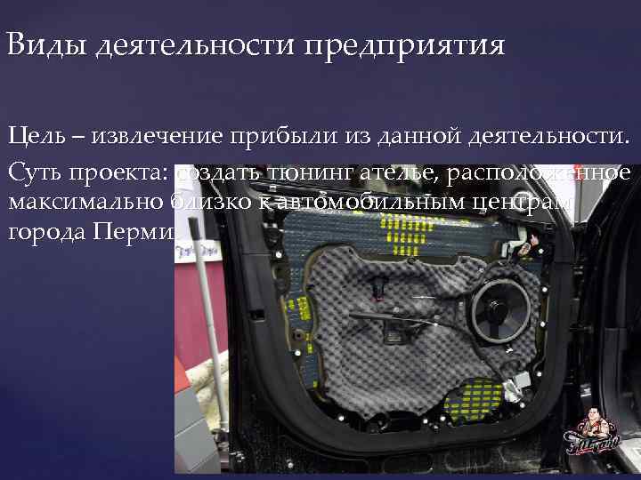 Виды деятельности предприятия Цель – извлечение прибыли из данной деятельности. Суть проекта: создать тюнинг