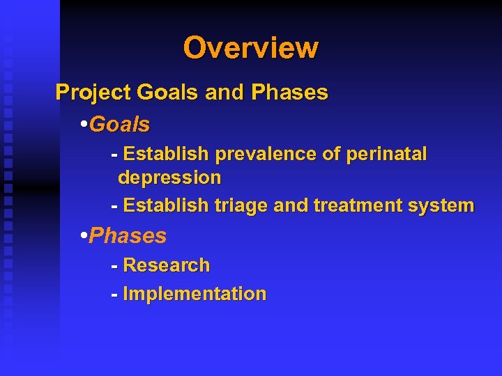 Overview Project Goals and Phases • Goals - Establish prevalence of perinatal depression -