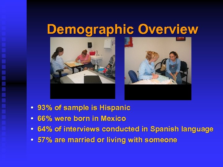 Demographic Overview • • 93% of sample is Hispanic 66% were born in Mexico