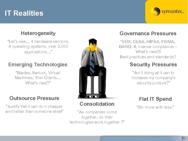 IT Realities Heterogeneity Governance Pressures “Let’s see… 4 hardware vendors, 9 operating systems, over