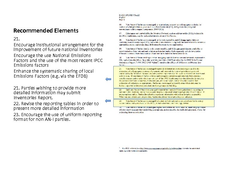 Recommended Elements 21. Encourage institutional arrangement for the improvement of future national inventories Encourage