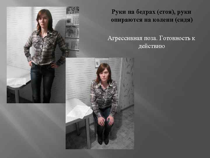 Руки на бедрах (стоя), руки опираются на колени (сидя) Агрессивная поза. Готовность к действию
