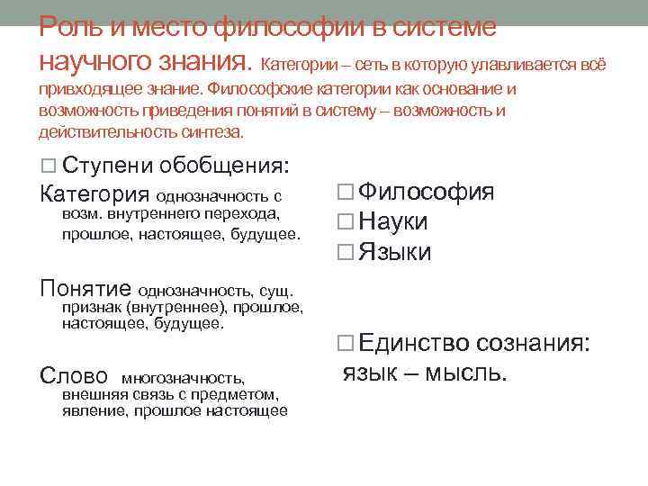 Роль и место философии в системе научного знания. Категории – сеть в которую улавливается