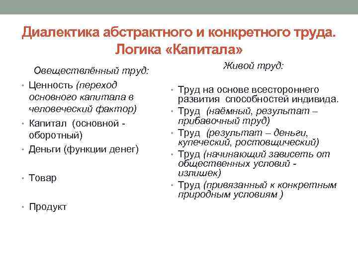 Диалектика абстрактного и конкретного труда. Логика «Капитала» Овеществлённый труд: • Ценность (переход основного капитала