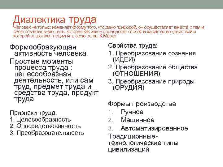 Диалектика труда Человек не только изменяет форму того, что дано природой, он осуществляет вместе