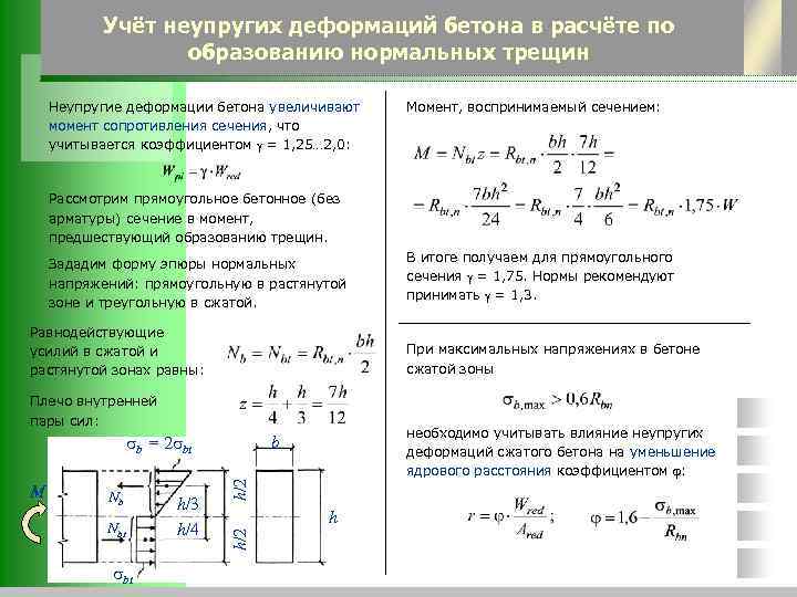 Учёт неупругих деформаций бетона в расчёте по образованию нормальных трещин Неупругие деформации бетона увеличивают
