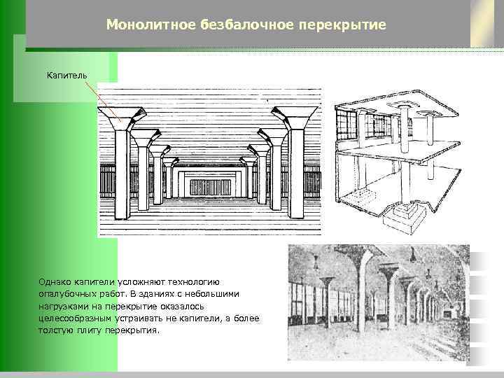 Монолитное безбалочное перекрытие Капитель Однако капители усложняют технологию опалубочных работ. В зданиях с небольшими