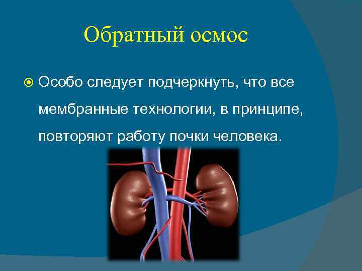 Обратный осмос Особо следует подчеркнуть, что все мембранные технологии, в принципе, повторяют работу почки