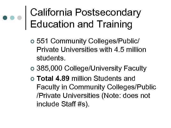 California Postsecondary Education and Training 551 Community Colleges/Public/ Private Universities with 4. 5 million