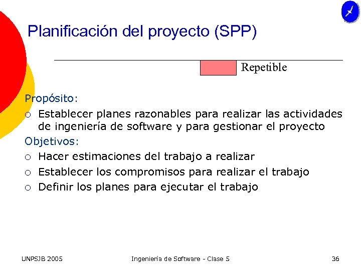 Planificación del proyecto (SPP) Repetible Propósito: ¡ Establecer planes razonables para realizar las actividades