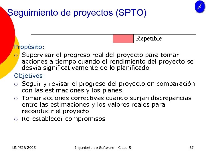Seguimiento de proyectos (SPTO) Repetible Propósito: ¡ Supervisar el progreso real del proyecto para