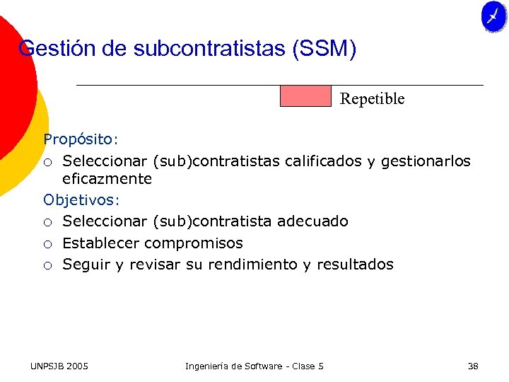 Gestión de subcontratistas (SSM) Repetible Propósito: ¡ Seleccionar (sub)contratistas calificados y gestionarlos eficazmente Objetivos:
