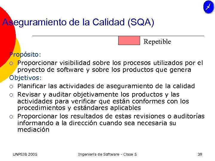 Aseguramiento de la Calidad (SQA) Repetible Propósito: ¡ Proporcionar visibilidad sobre los procesos utilizados