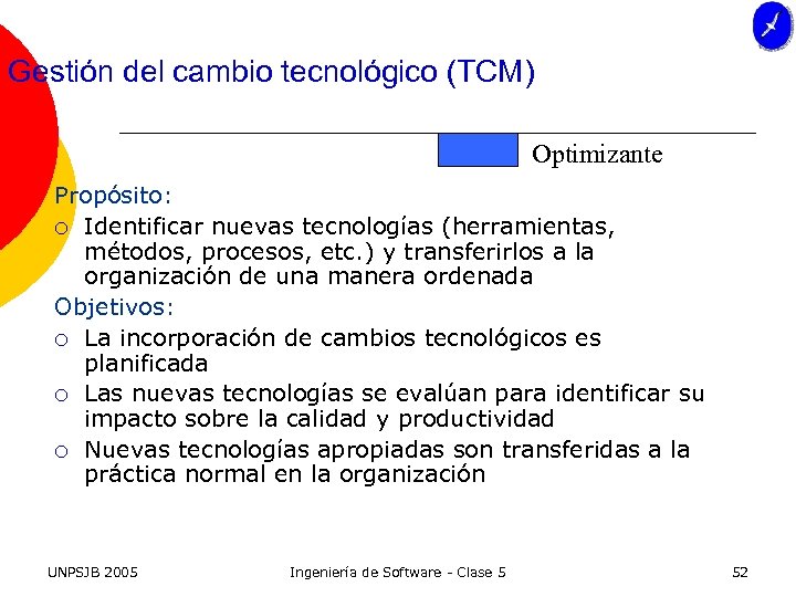 Gestión del cambio tecnológico (TCM) Optimizante Propósito: ¡ Identificar nuevas tecnologías (herramientas, métodos, procesos,